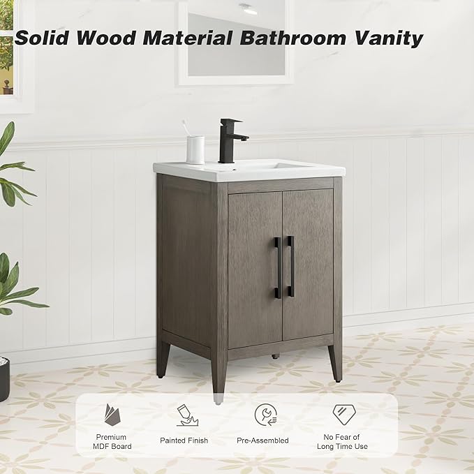 HomeBeyond 24 Inch Bathroom Vanity with Sink & Ceramic Top, Single Vanity Cabinet with Basin, Soft-Closing Doors & Matte Black Hardware, Driftwood Gray
