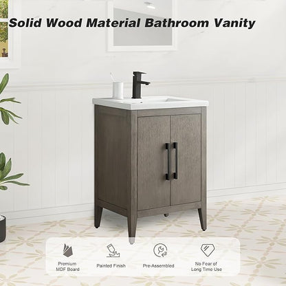 HomeBeyond 24 Inch Bathroom Vanity with Sink & Ceramic Top, Single Vanity Cabinet with Basin, Soft-Closing Doors & Matte Black Hardware, Driftwood Gray