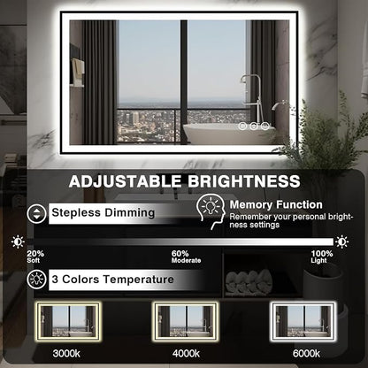 EchosLife 48x30 LED Bathroom Mirror - Black Aluminum Framed | Black Frame, Front and Backlit, Anti-Fog, Stepless Dimmable, 3 Colors, Memory, Tempered Glass, UL Listed, Horizontal/Vertical
