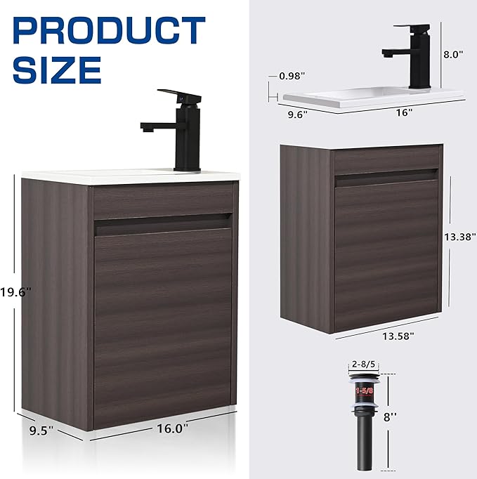 16" Bathroom Vanity Sink Combo for Small Space, Wall Mounted Bathroom Cabinet Set with White Resin Basin Sink Top Black Faucet Pop Up Drain Dark Walnut