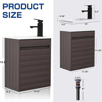 16" Bathroom Vanity Sink Combo for Small Space, Wall Mounted Bathroom Cabinet Set with White Resin Basin Sink Top Black Faucet Pop Up Drain Dark Walnut