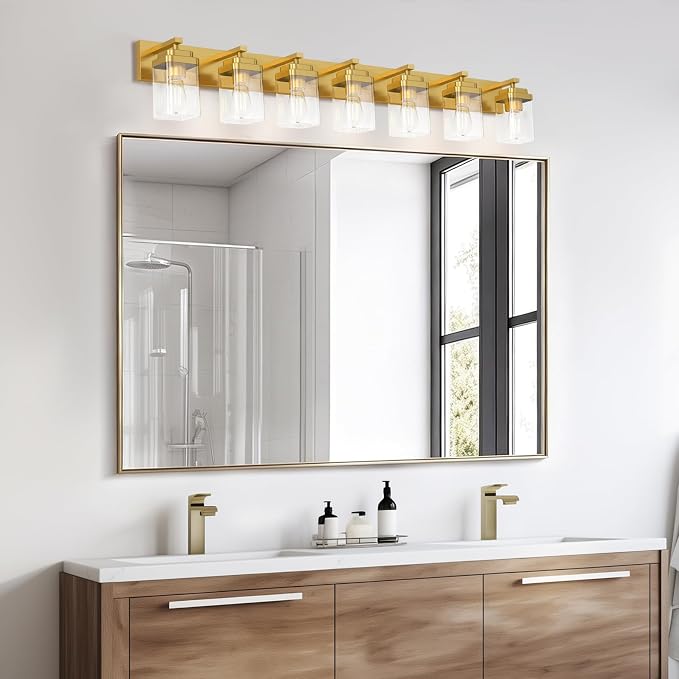 Brushed Gold Bathroom Light Fixtures, 7 Lights Bathroom Lighting Fixtures Over Mirror, Square Design & Rectangle Large Backplate, Modern Vanity Lighting Fixtures, for Living Room/Bedroom