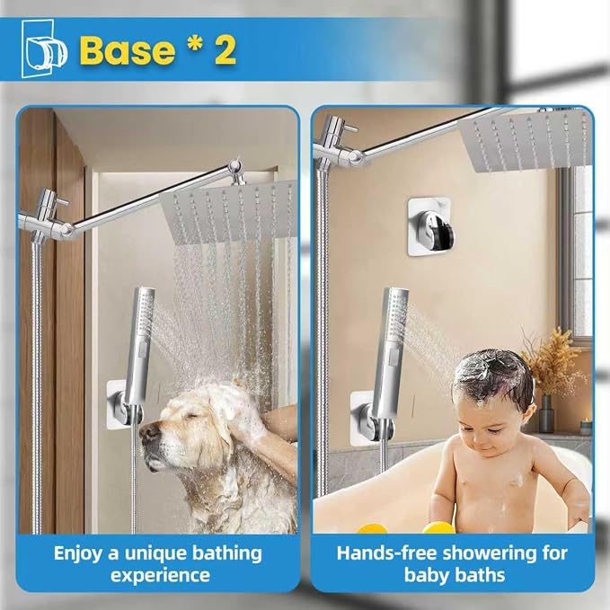 Rainfall Shower Head with Handheld Combo, Silvery, 10 Inch & 3 Spray Modes | 180° Adjustable, Extension Arm, Easy To Install