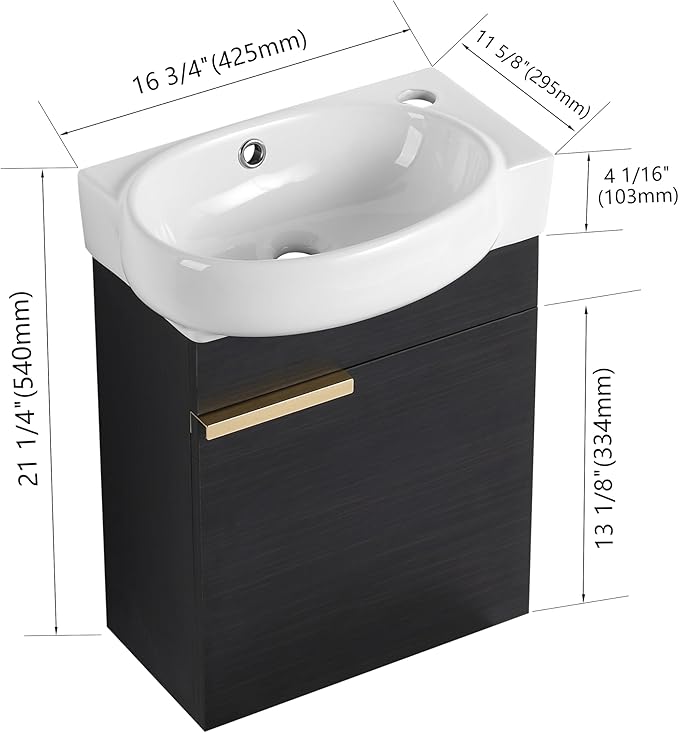Malwee 16" Floating Bathroom Vanity with Sink, 16 Inch Single Sink Wall Mounted Bathroom Vanity, with 1 Door and White Ceramic Top for Small Space, Modern Wall Hung Cabinet Storage(029-16BCT)