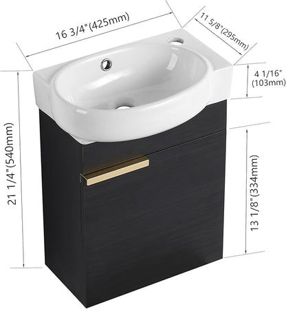Malwee 16" Floating Bathroom Vanity with Sink, 16 Inch Single Sink Wall Mounted Bathroom Vanity, with 1 Door and White Ceramic Top for Small Space, Modern Wall Hung Cabinet Storage(029-16BCT)
