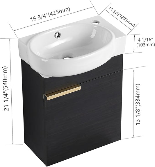 Malwee 16" Floating Bathroom Vanity with Sink, 16 Inch Single Sink Wall Mounted Bathroom Vanity, with 1 Door and White Ceramic Top for Small Space, Modern Wall Hung Cabinet Storage(029-16BCT)