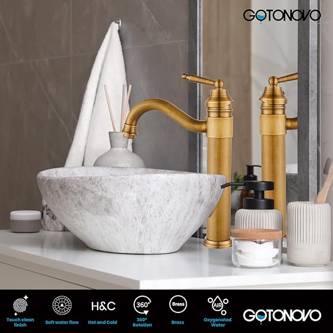 gotonovo Bathroom Vessel Sink Faucet Single Handle Brass Long Reach Bathroom Faucet 1 Hole Deck Mounted Mixer Tap with Pop Up Drain Antique Brass