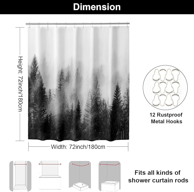 ORTIGIA Black and White Misty Forest Shower Curtain for Bathroom, Nature Woodland Curtain Set with Hooks, Decorative Pine Tree Fog Magic Bath Decor for Home Weighted, 72x72