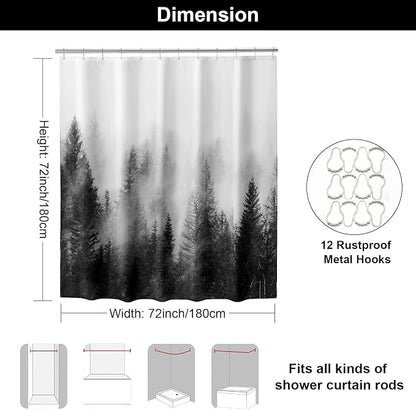 ORTIGIA Black and White Misty Forest Shower Curtain for Bathroom, Nature Woodland Curtain Set with Hooks, Decorative Pine Tree Fog Magic Bath Decor for Home Weighted, 72x72