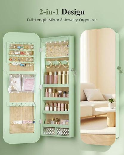 LVSOMT 6 LEDs Mirror Jewelry Cabinet Door Hanging, 42.5", Lockable, Green | Jewelry Organizer with Full Length Mirror, Wall Mounted Large Jewelry Storage for Earrings, Rings, Necklaces