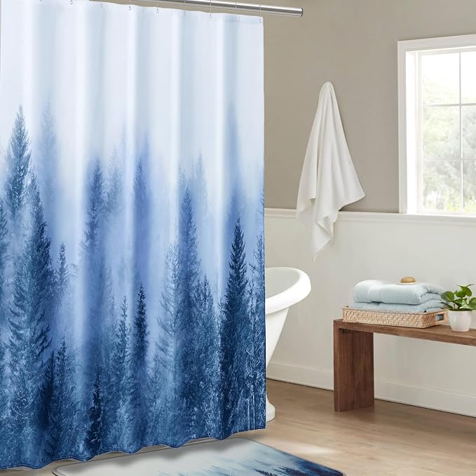 ORTIGIA 60x72 Misty Forest Stall Shower Curtain for Small Bathroom, Blue Narrow Nature Woodland Shower Curtain Set with Hooks, Waterproof Fabric Pine Tree Fog Magic Home Bath Curtain