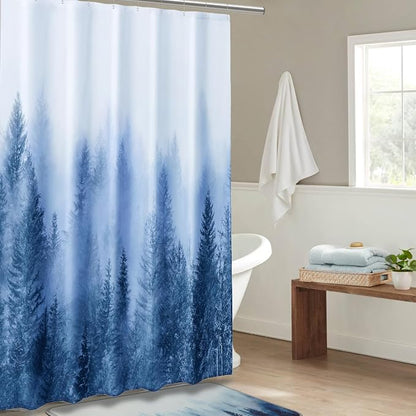 ORTIGIA 60x72 Misty Forest Stall Shower Curtain for Small Bathroom, Blue Narrow Nature Woodland Shower Curtain Set with Hooks, Waterproof Fabric Pine Tree Fog Magic Home Bath Curtain