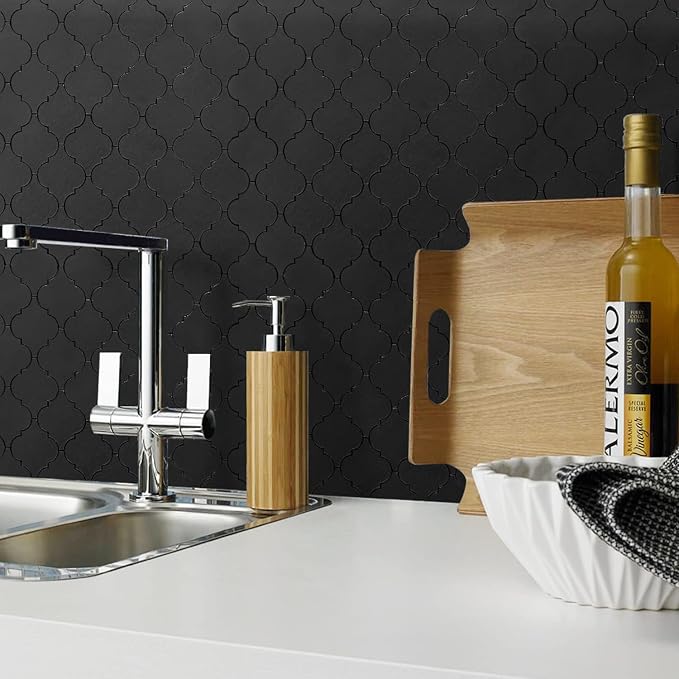 STICKGOO Arabesque Peel and Stick Backsplash Tile, Stick on Backsplash for Kitchen and Bathroom, Black Metal and Composite Mosaic Tiles (10 Sheets)