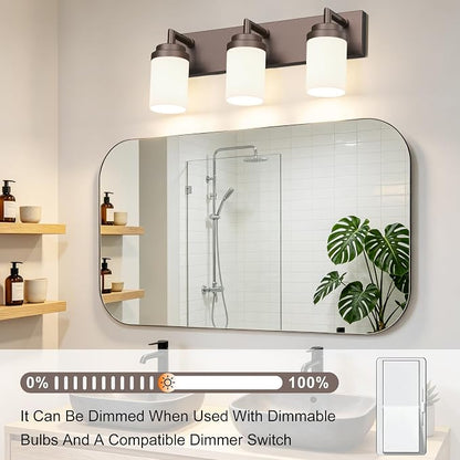 Bathroom Light Fixtures, Oil Rubbed Bronze Bathroom Lighting Fixtures Over Mirror, Modern Vanity Light with White Glass Shade, Restroom Lighting Fixtures, 3-Light 22-inch