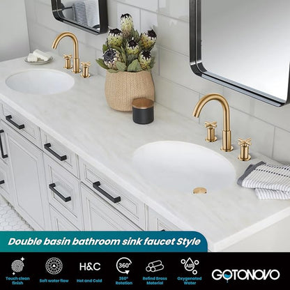 gotonovo 3 Hole Bathroom Faucet 8 inch Widespread Sink Vanity Faucet for Bathroom Sink 2 Cross Handle Deck Mount Basin with Pop Up Drain 360° Swivel Spout Brushed Gold