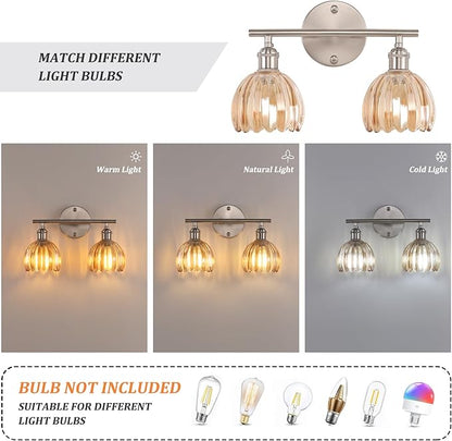 Bathroom Light Fixtures, 2-Light Vanity wall Light Over Mirror with Amber Tulip Glass Shade for Bedroom Living Room (Bulb Not Included), Satin Nickel