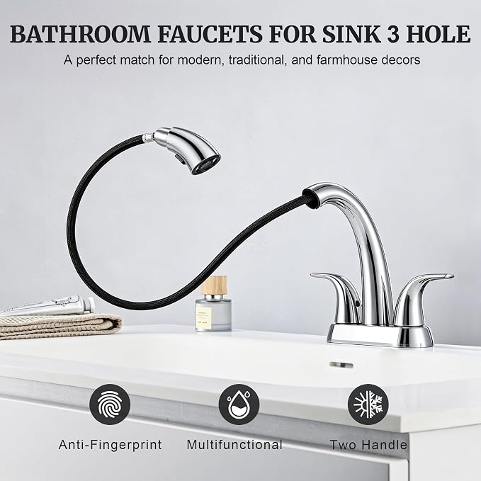 Bathroom Sink Faucet with Sprayer, 4 Inch Faucet Chrome with Pop Up Drain | Ultimate Unicorn Centerset Pull Down Vanity Faucets 3 Hole- Two Handle Modern Washbasin Tap Set for Rv Lavatory Restroom