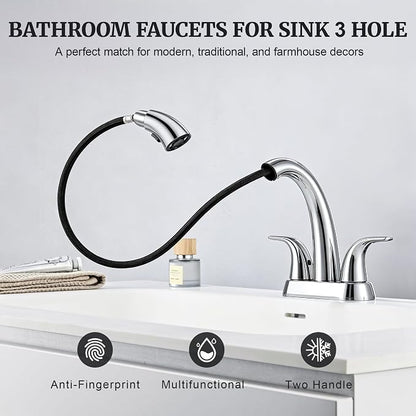 Bathroom Sink Faucet with Sprayer, 4 Inch Faucet Chrome with Pop Up Drain | Ultimate Unicorn Centerset Pull Down Vanity Faucets 3 Hole- Two Handle Modern Washbasin Tap Set for Rv Lavatory Restroom