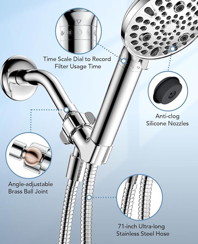 MakeFit Filtered Shower Head with Handheld-10 Modes High Pressure Showerhead with Built-in Power Wash,Long 71-inch Hose & Adjustable Bracket, Water Softener Filter Beads for Hard Water-Remove Chlorine