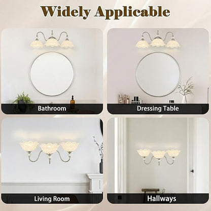Brushed Nickel 3-Light Bathroom Vanity Light with Floral White Glass Shades, Brushed Nickel Wall Mount Lighting for Bathroom, Dressing Table