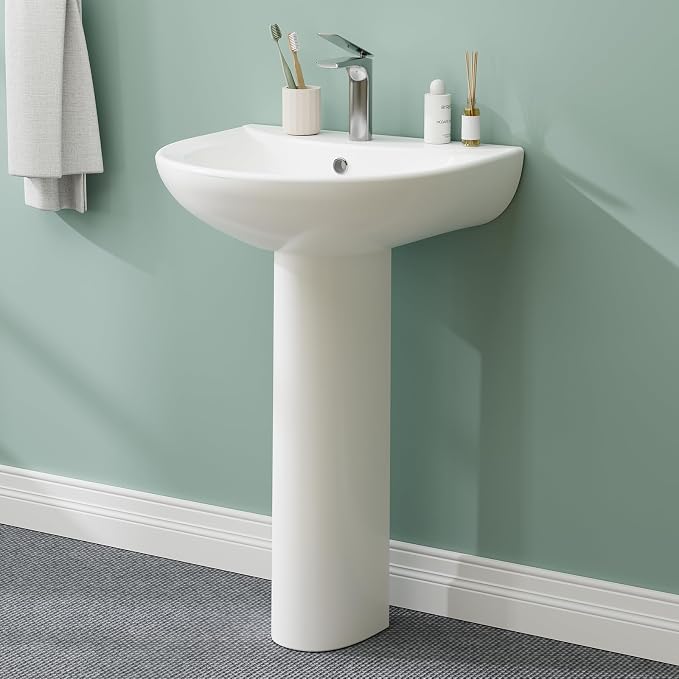 Pedestal Sink Ceramic Basin with Overflow, 20×17 inch Single-Hole Bathroom Sink for Small Spaces, Modern Pedestal Design for Home Vanity and Remodel Upgrades