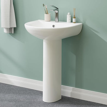 Pedestal Sink Ceramic Basin with Overflow, 20×17 inch Single-Hole Bathroom Sink for Small Spaces, Modern Pedestal Design for Home Vanity and Remodel Upgrades