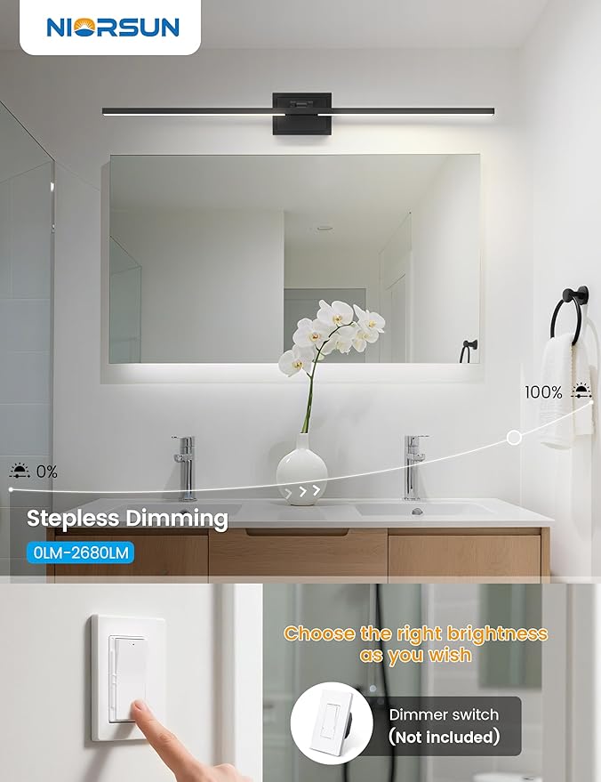 NIORSUN 46.5 Inch Modern Bathroom Light Fixture, 40W 5CCT Dimmable LED Black Bathroom Vanity Lights Over Mirror, Vanity Lights for Bathrooms Restroom Mirror