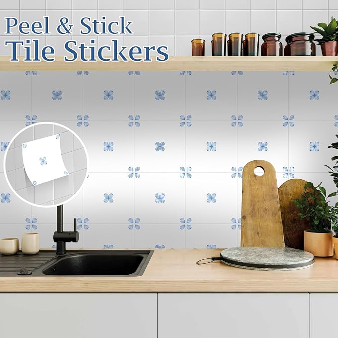 Peel & Stick Tile Stickers 12 PCS Self Adhesive Backsplash Decorative Wall Stickers for Kitchen Bathroom Tile Decals Waterproof & Removable 6" x 6" Blue - White