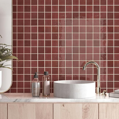 Commomy Thicker Red Peel and Stick Tiles - 10 pcs of 12" x 12" | 3D Adhesive Square Peel and Stick Tiles Backsplash for Kitchen, Bathroom, Removable, Waterproof, Vinyl Wall Tile