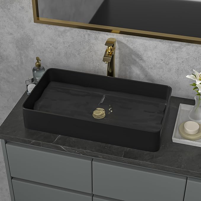 Sarlai Black Vessel Sink Rectangular - 24"x14" Modern Bathroom Vessel Sink Rectangle Above Counter Black Ceramic Porcelain Lavatory Vanity Sink Art Basin