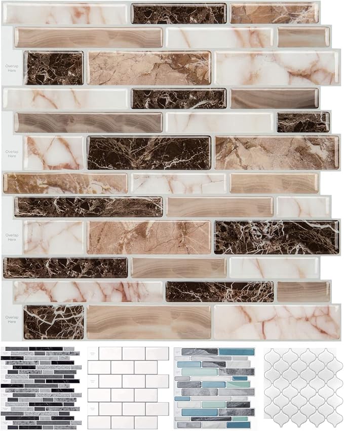 LONGKING 10-Sheet Peel and Stick Tile Backsplash, Vinyl Self-Adhesive Tile Stickers for Kitchen, Bathroom | Peel and stick backsplash, vinyl PVC, marble, waterproof, kitchen bathroom wall, 10-sheet, set A