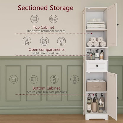Tall Bathroom Cabinet,Storage Cabinet with 5 Shelves & 1 Drawer, with Ajustable Shelve, for Bathroom, Kitchen, Entryway, Living Room(White)