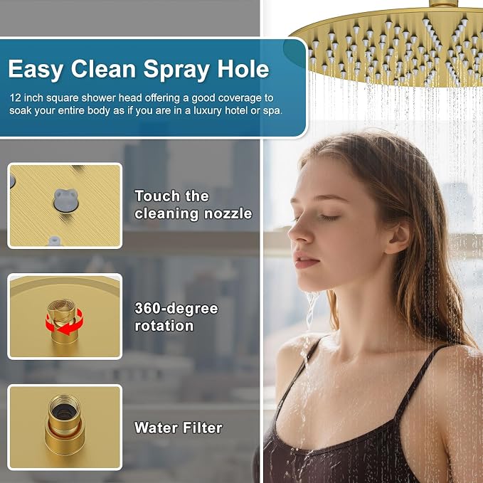 Shower System Shower Faucet Set Rainfall Shower Set with Valve 12+6" Dual Rain Shower Head with Handheld Ceiling Mount Wall Mount Shower Head Shower System, Brushed Gold