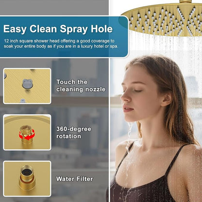Shower System Shower Faucet Set Rainfall Shower Set with Valve 12+6" Dual Rain Shower Head with Handheld Ceiling Mount Wall Mount Shower Head Shower System, Brushed Gold