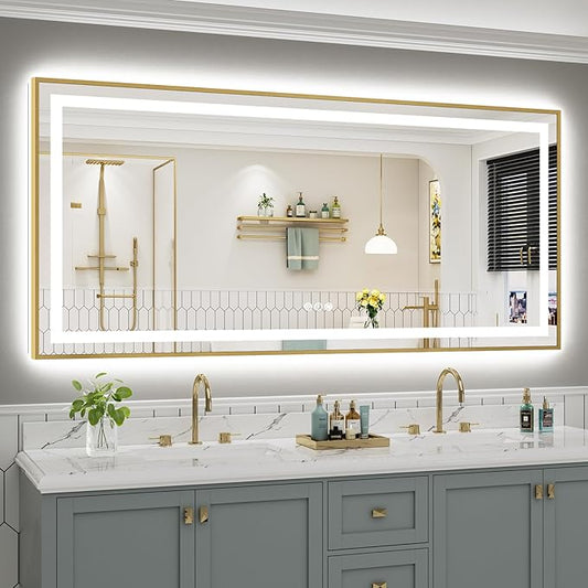77x36 Inch LED Bathroom Mirror with Gold Frame, Backlit & Front Lit, Anti-Fog Lighted Bathroom Vanity Mirror for Wall, Memory Function, Dimmable, HD Tempered Glass, Shatter-Proof