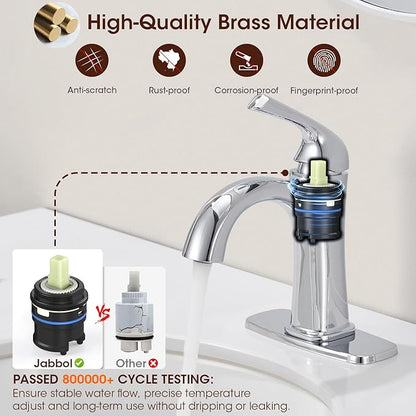 Polished Chrome Single Hole Bathroom Faucet, Single Handle Brass Bathroom Sink Faucet, Lavatory Vanity Faucet for 1 or 3 Holes, Bathroom Faucets with Pop Up Drain and Supply Lines, Deck Plate