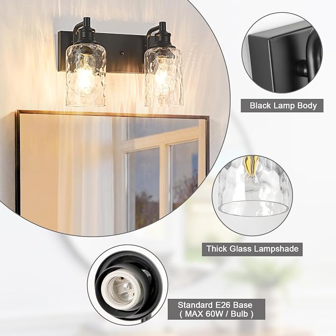 Bathroom Light Fixtures Over Mirror, 2 Lights Vanity Lights with Hammered Glass Shade, 12.7" Matte Black Farmhouse Bathroom Light Fixtures for Bedroom, Porch, Hotel, Mirror Cabinet
