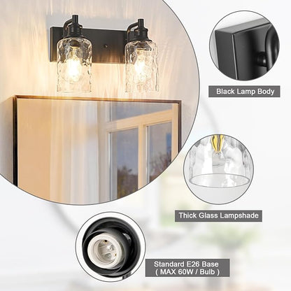 Bathroom Light Fixtures Over Mirror, 2 Lights Vanity Lights with Hammered Glass Shade, 12.7" Matte Black Farmhouse Bathroom Light Fixtures for Bedroom, Porch, Hotel, Mirror Cabinet