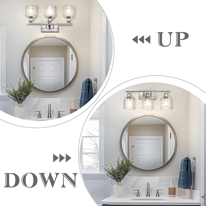 zeyu 20.8'' Modern Bathroom Vanity Lamp, 3-Light Wall Mirror Light for Bathroom, Brushed Nickel Finish with Clear Hammered Glass, ZJF63B-3W BN