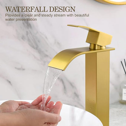 Gold Vessel Sink Facuet, Brushed Gold Tall Bathroom Sink Faucet Waterfall Bathroom Faucet for Vessel Sinks Single Handle Bathroom Vanity Faucet