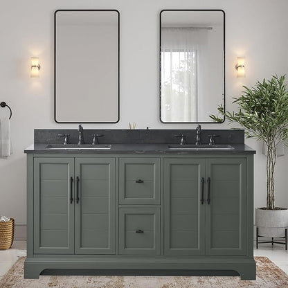 HOMEBEYOND 60 Inch Bathroom Vanity with Double Sink & Ceramic Top, Vanity Cabinet with Center Countertop Basin, Soft-Closing Doors, Backsplash,Vintage Green