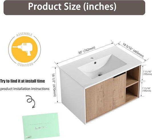 30 Inch Bathroom Vanity with Sink, 30" Single Sink Wall Mounted Bathroom Vanities with Open Storage Space and Ceramic Basin Top, Modern Bath Storage Cabinet Set for Small Space, Imitative Oak
