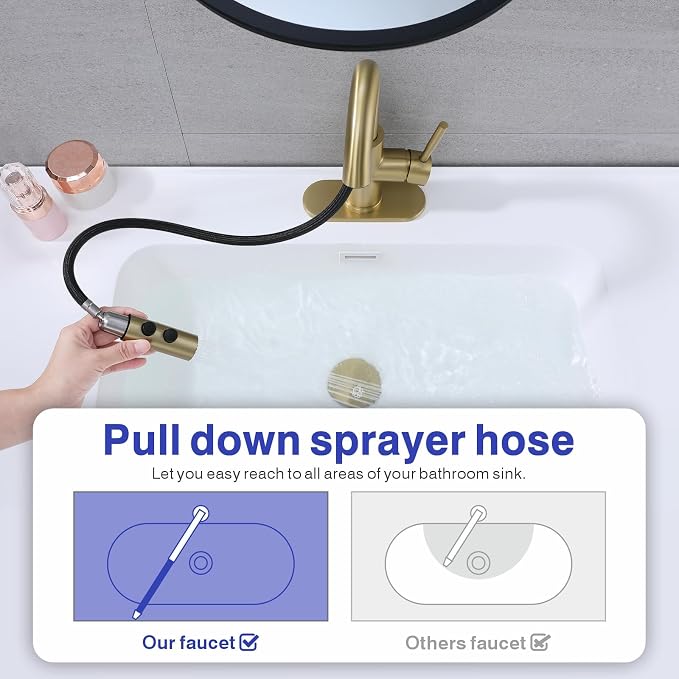 Bathroom Faucet with Sprayer, Brushed Gold Single Hole with Pop-Up Drain | Kablle Single Handle Pull Out 1 or 3 Hole Laundry Bar Basin Faucet with Deck Plate, KBL-7002BG-CL