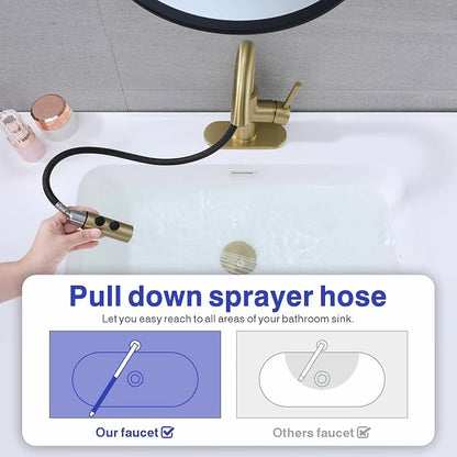 Bathroom Faucet with Sprayer, Brushed Gold Single Hole with Pop-Up Drain | Kablle Single Handle Pull Out 1 or 3 Hole Laundry Bar Basin Faucet with Deck Plate, KBL-7002BG-CL