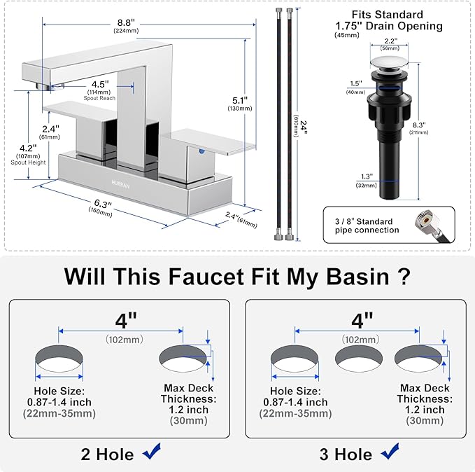 Bathroom Sink Faucet, Hurran 4 inch Chrome Bathroom Faucets for Sink 3 Hole with Pop-up Drain and Supply Lines, Stainless Steel 2-Handle Faucet for Vanity RV Restroom, 2 Pack