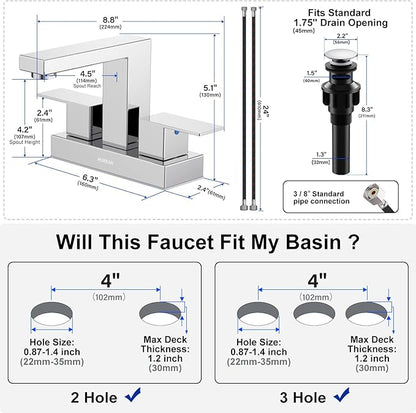 Bathroom Sink Faucet, Hurran 4 inch Chrome Bathroom Faucets for Sink 3 Hole with Pop-up Drain and Supply Lines, Stainless Steel 2-Handle Faucet for Vanity RV Restroom, 2 Pack