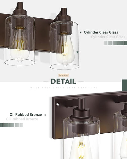 3-Light Bathroom Light Fixtures, Modern Vanity Light with Cylinder Clear Glass Shade, Vanity Lighting Fixtures Over Mirror, Oil Rubbed Bronze, VL143-ORB-3