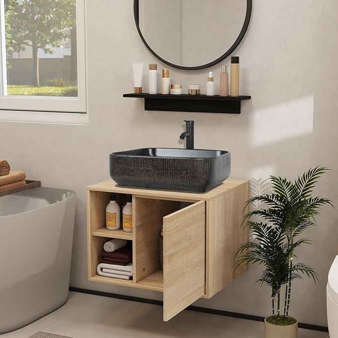 YOURLITE 24" Floating Bathroom Vanity, Wall-Mounted Bathroom Vanity and Sink Combo with Mirror and Faucet & Pop Up Drain Set, Black Vessel Sink