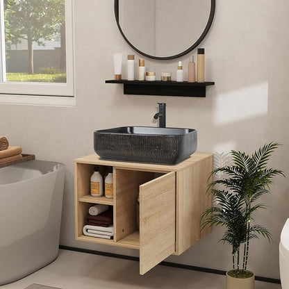 YOURLITE 24" Floating Bathroom Vanity, Wall-Mounted Bathroom Vanity and Sink Combo with Mirror and Faucet & Pop Up Drain Set, Black Vessel Sink