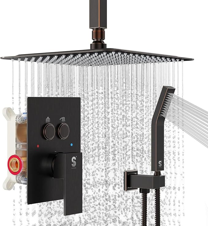 SR SUN RISE Shower System with Push Button Diverter, Ceiling Mounted Luxury 10 Inch Rain Shower Head with Handheld Spray, High Pressure Shower Faucet Combo Set with Rough-in Valve, Oil Rubbed Bronze